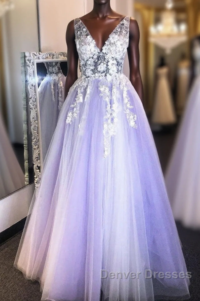 Purple v neck lace applique long prom Dress purple formal Dress