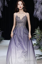 Purple V-Neck Lace Long Prom Dress, Purple Gradient Party Dress With Pockets