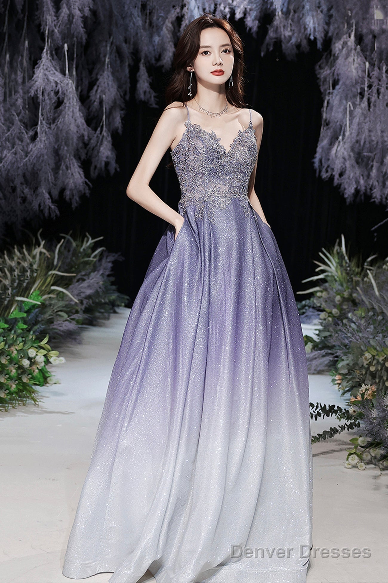 Purple V-Neck Lace Long Prom Dress, Purple Gradient Party Dress With Pockets Main image