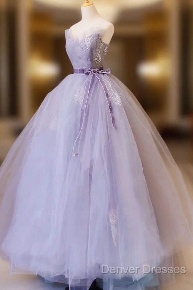 Purple V Neck Tulle Lace Long Prom Dress, Purple Formal Sweet 16 Dress Main image