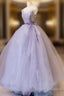 Purple V Neck Tulle Lace Long Prom Dress, Purple Formal Sweet 16 Dress