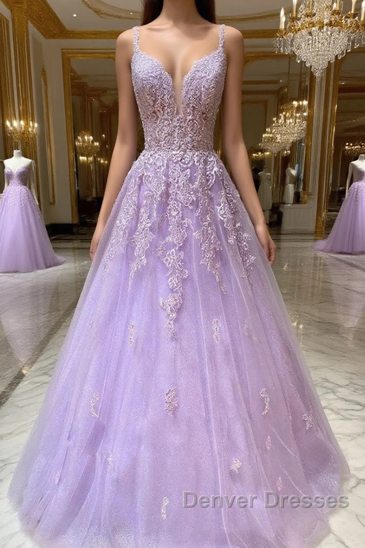 Purple v neck tulle lace long prom Dress purple lace formal Dress Main image
