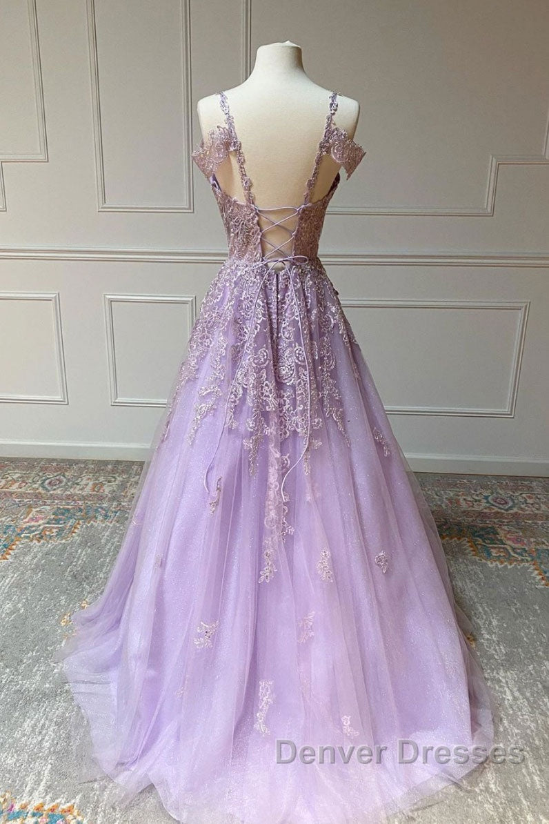Purple v neck tulle lace long prom Dress purple lace formal Dress Secondary image