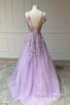 Purple v neck tulle lace long prom Dress purple lace formal Dress