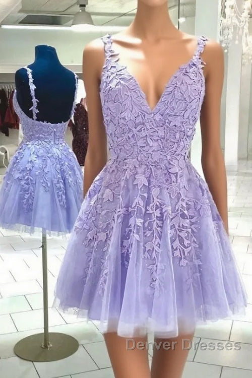 Purple v neck tulle lace short prom Dress lace cocktail Dress Main image