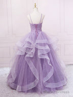 Purple V Neck Tulle Long Prom Dress, Purple Tulle Formal Party Dress
