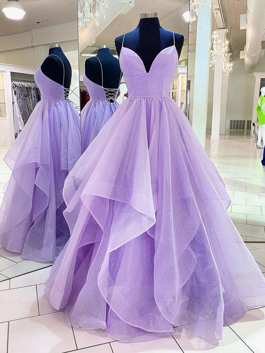 Purple V Neck Tulle Sequin Long Prom Dress, Purple Evening Dress Main image