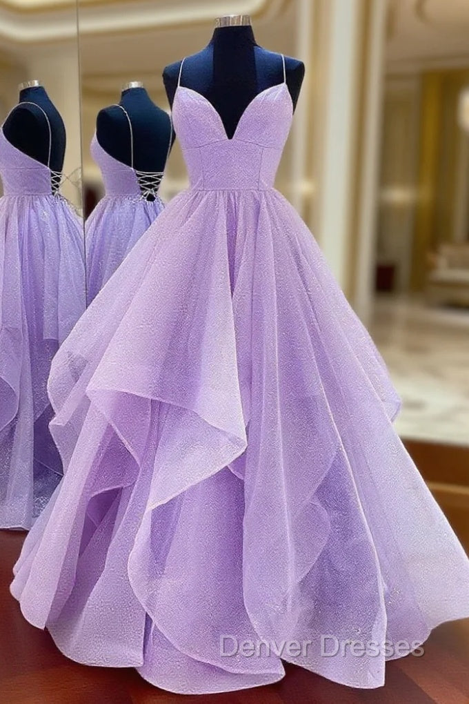 Purple V Neck Tulle Sequin Long Prom Dress, Purple Evening Dress