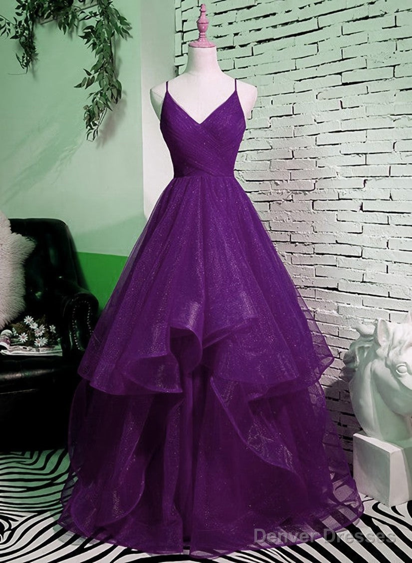 Purple V-neckline Straps Layers Tulle Party Gown, Purple Evening Dress Secondary image
