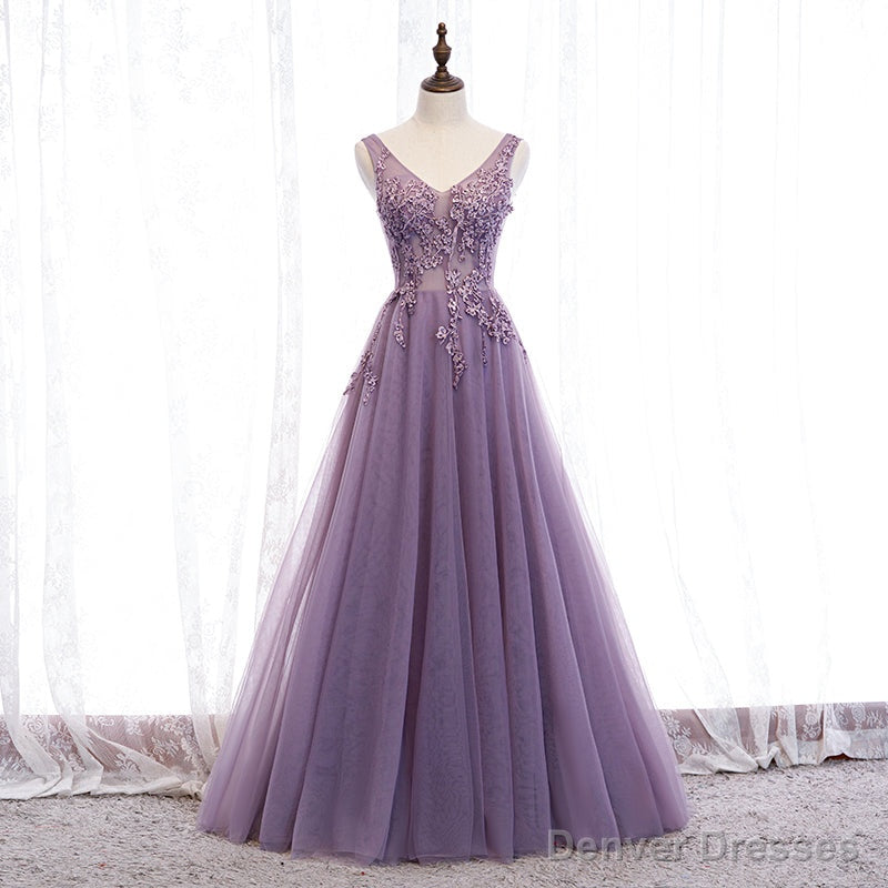 Purple V-neckline Tulle with Lace Floor Length Party Dress Evening Dress,Purple Prom Dress Main image