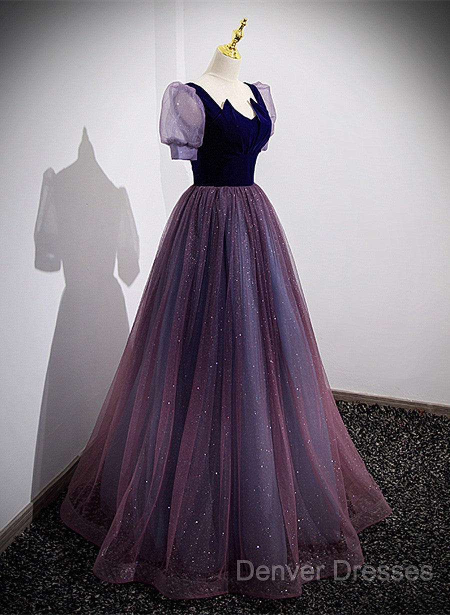 Purple Velvet And Tulle Short Sleeves Evening Dress, Purple A-Line Formal Dress Prom Dress Secondary image
