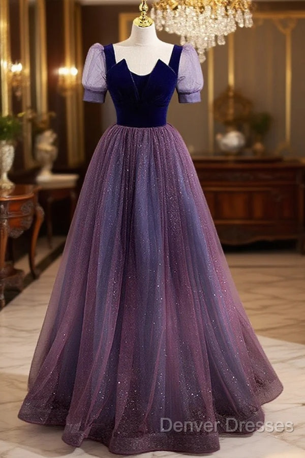 Purple Velvet And Tulle Short Sleeves Evening Dress, Purple A-Line Formal Dress Prom Dress Main image