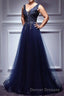 Dark Blue Lace V Neck Long Prom Dress, Lace Evening Dress