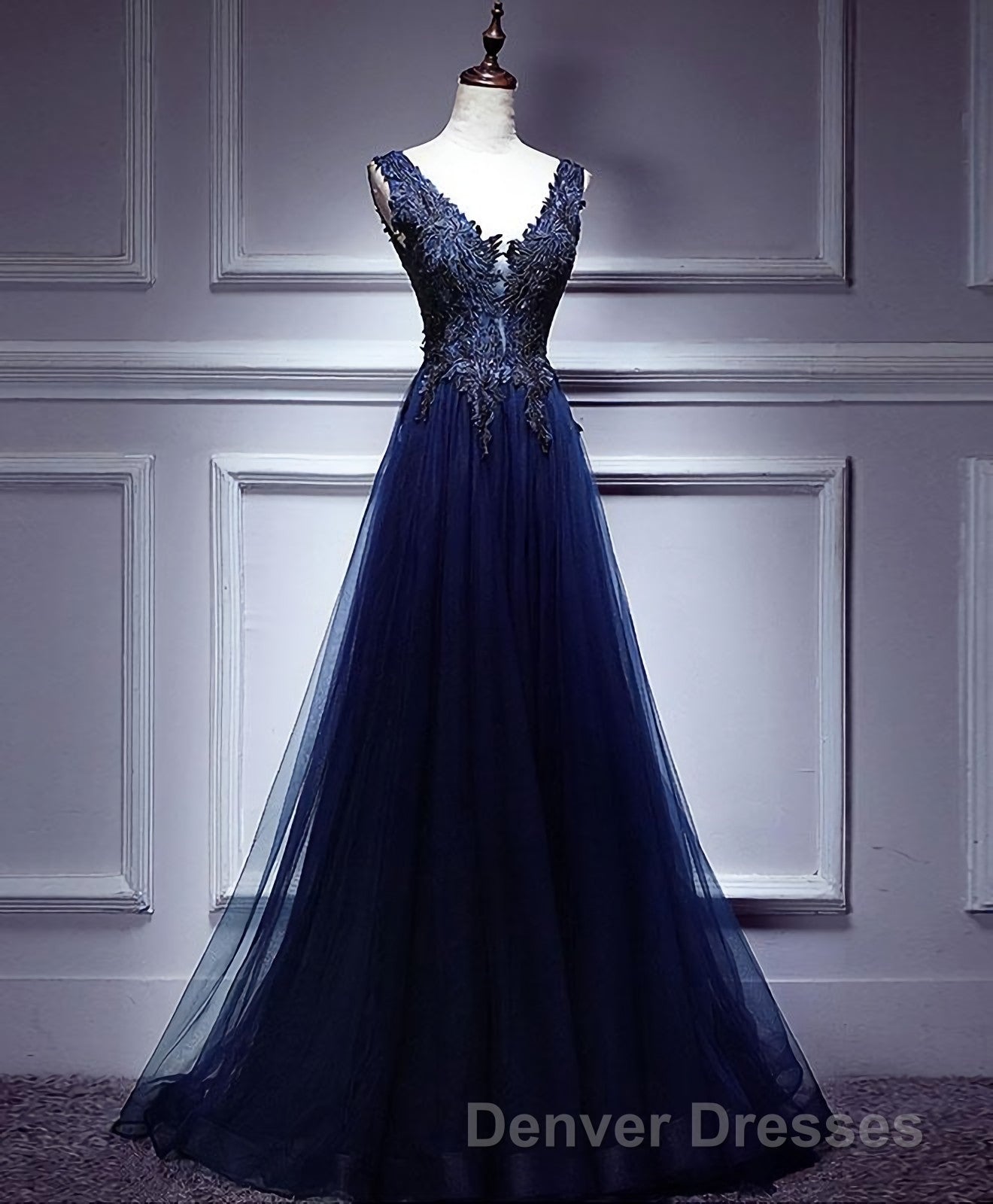 Dark Blue Lace V Neck Long Prom Dress, Lace Evening Dress Secondary image