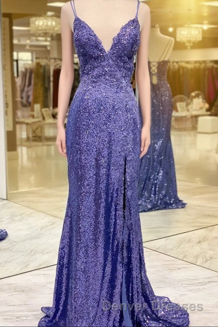 Mermaid Purples Sequins Long Prom Dress with Slit Main image