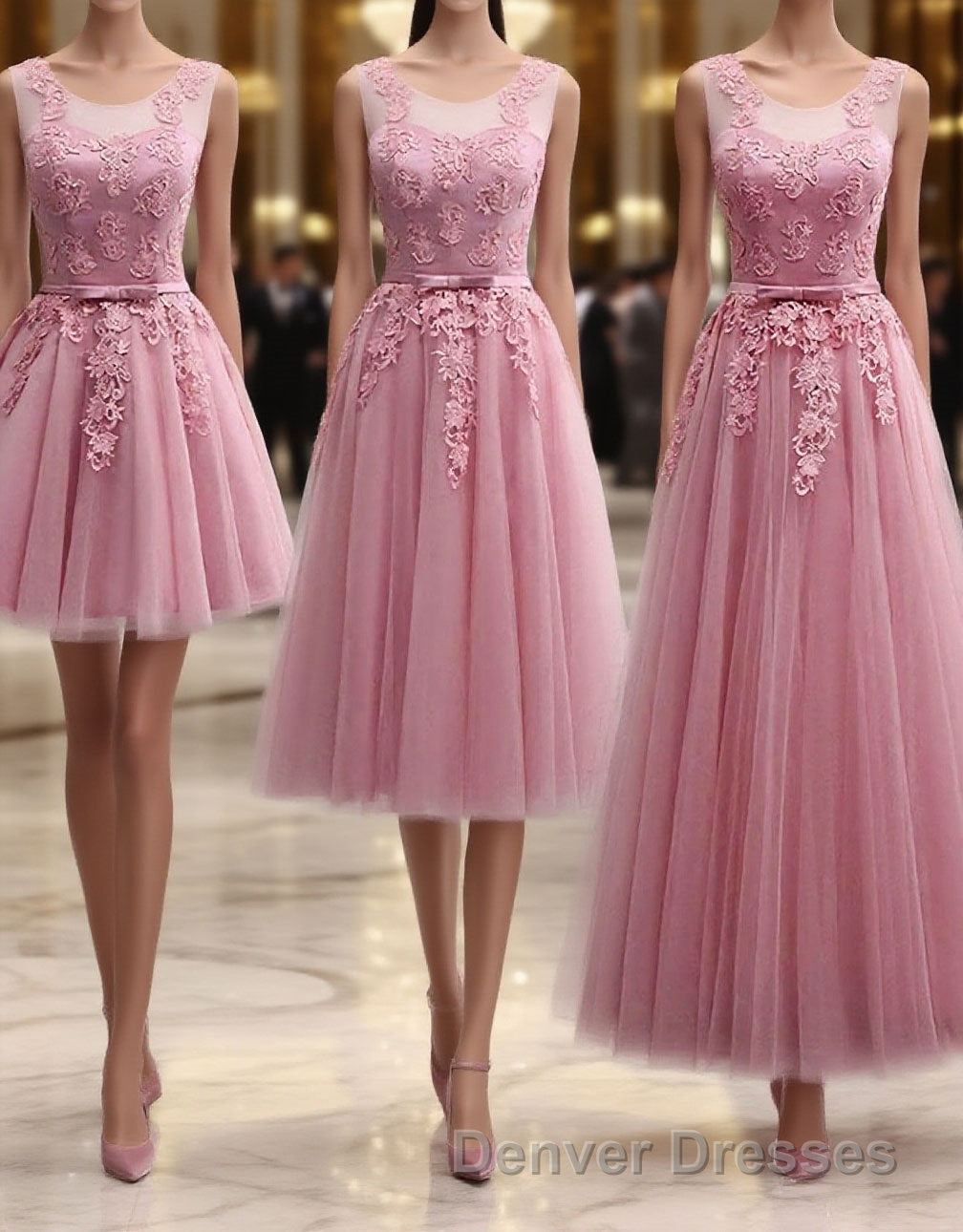 Pink Round Neck Lace Tulle Prom Dress, Lace Evening Dress Main image
