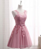 Pink Round Neck Lace Tulle Prom Dress, Lace Evening Dress