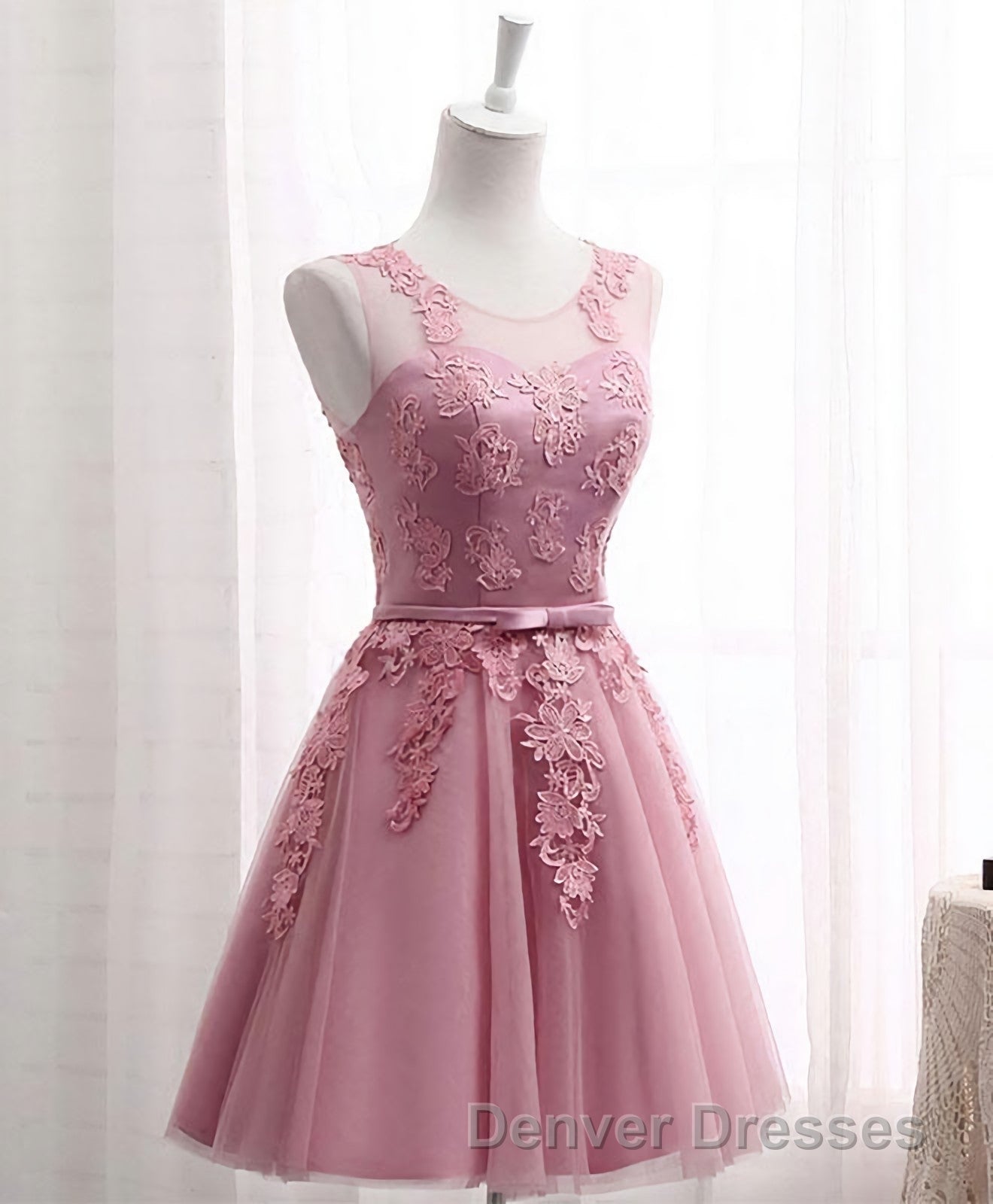 Pink Round Neck Lace Tulle Prom Dress, Lace Evening Dress