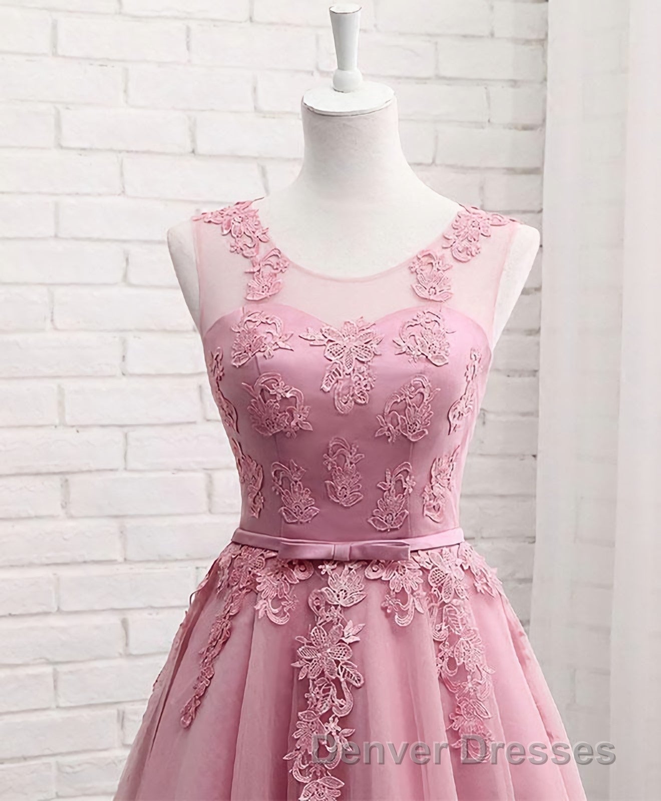 Pink Round Neck Lace Tulle Prom Dress, Lace Evening Dress Secondary image