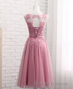 Pink Round Neck Lace Tulle Prom Dress, Lace Evening Dress
