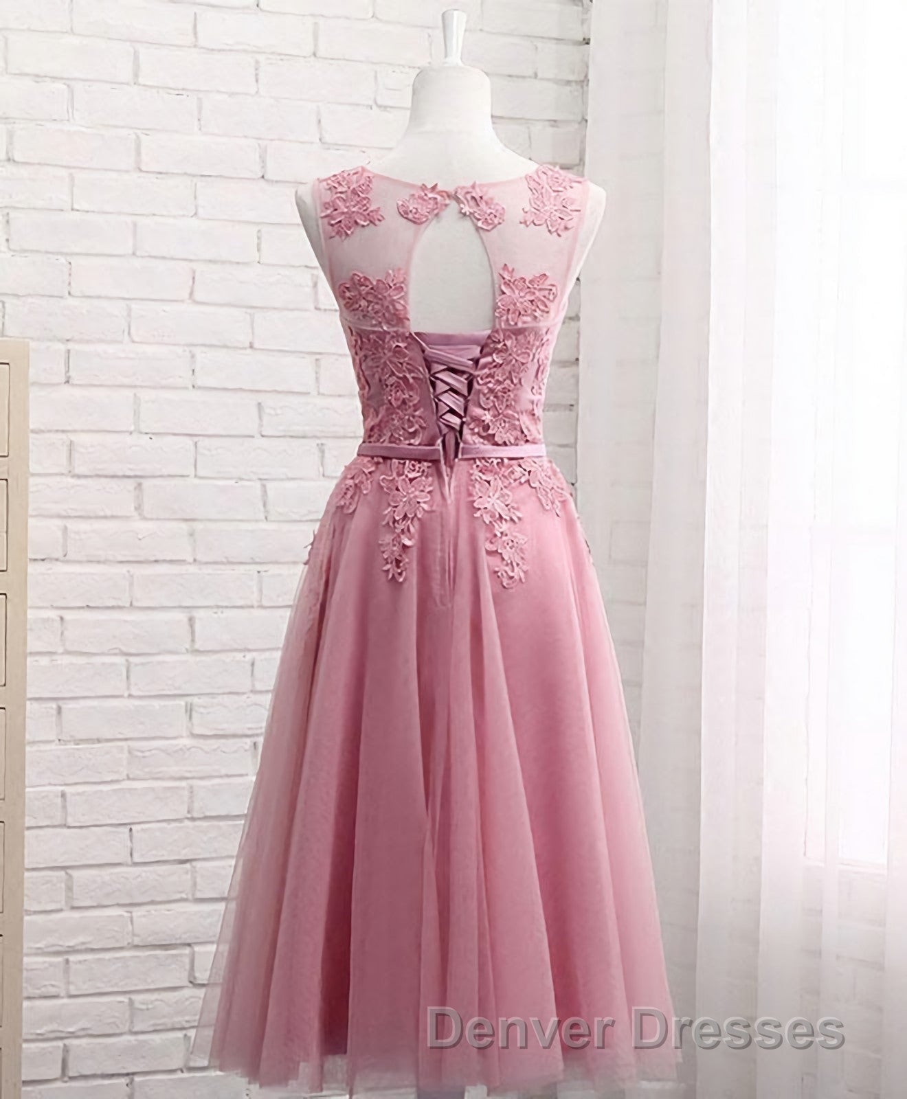 Pink Round Neck Lace Tulle Prom Dress, Lace Evening Dress