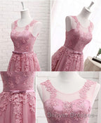 Pink Round Neck Lace Tulle Prom Dress, Lace Evening Dress