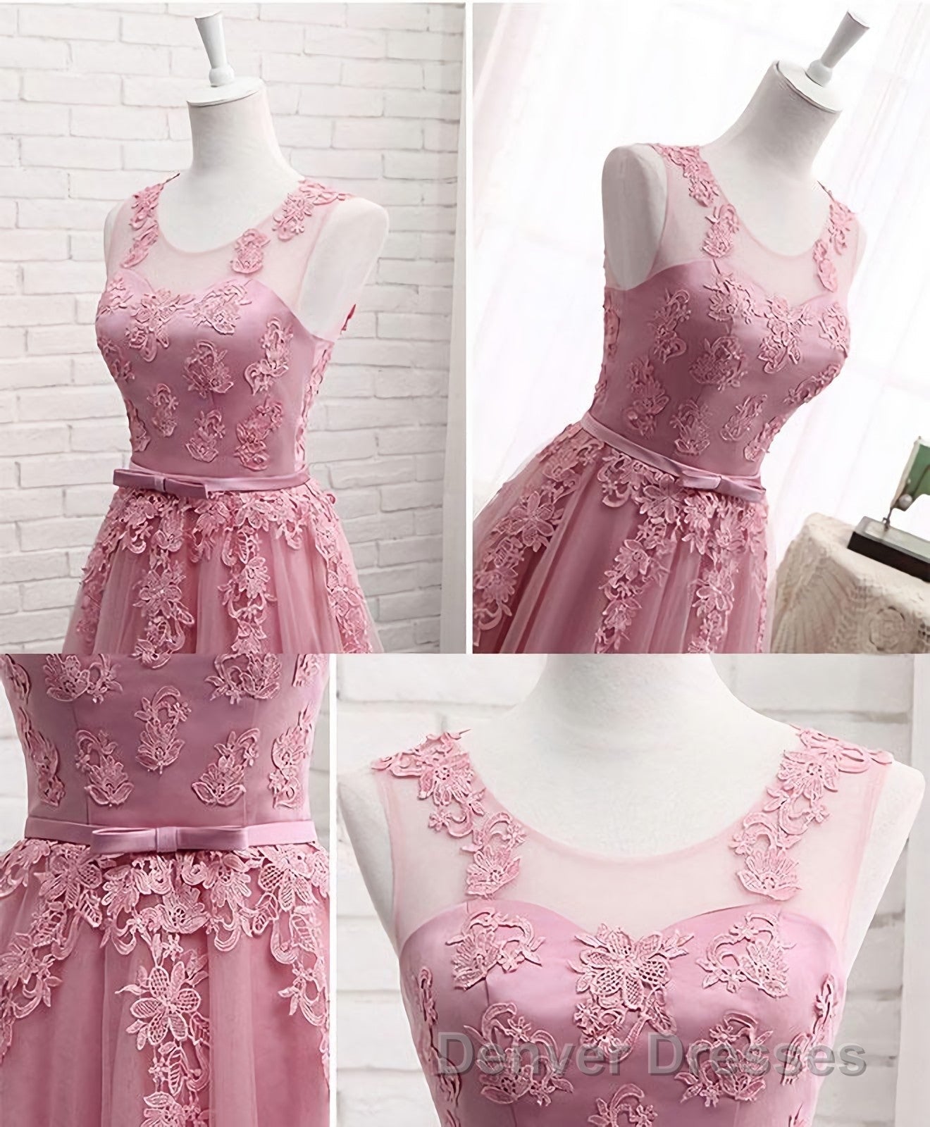 Pink Round Neck Lace Tulle Prom Dress, Lace Evening Dress