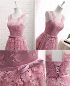 Pink Round Neck Lace Tulle Prom Dress, Lace Evening Dress