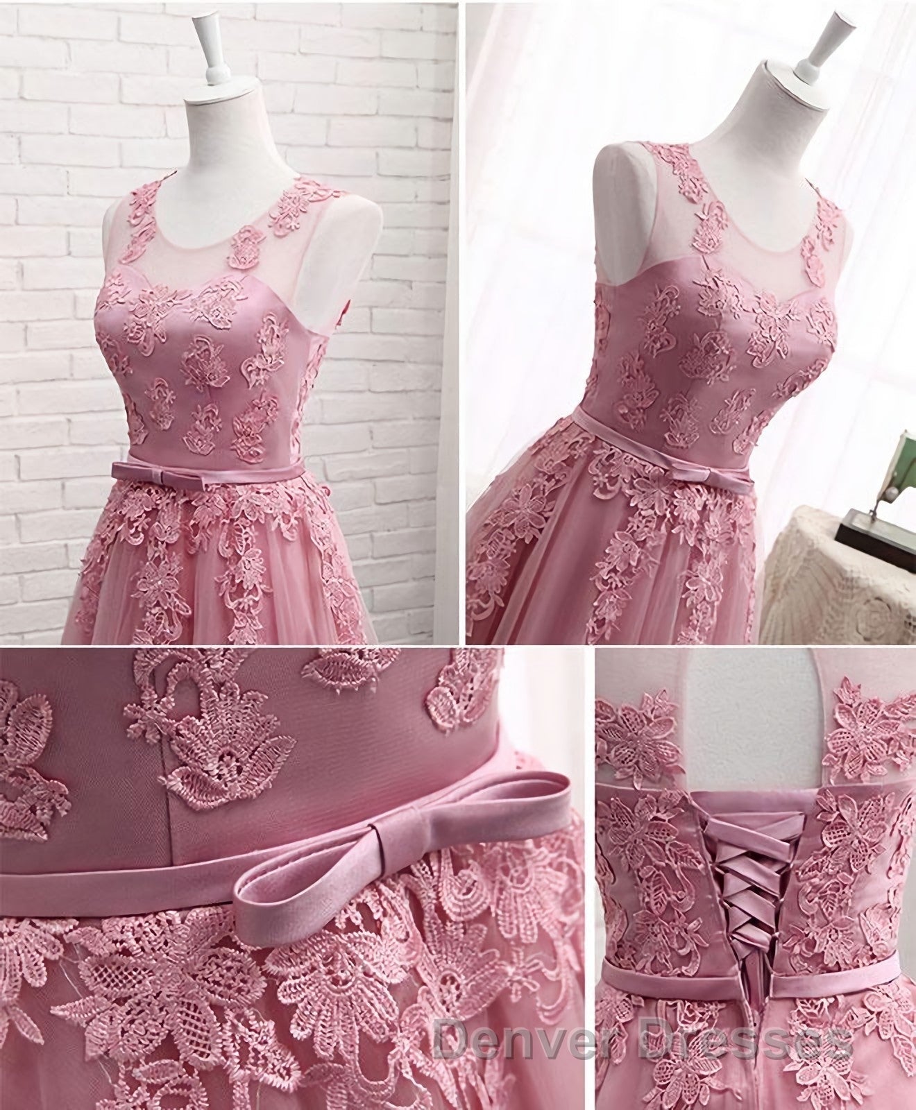 Pink Round Neck Lace Tulle Prom Dress, Lace Evening Dress