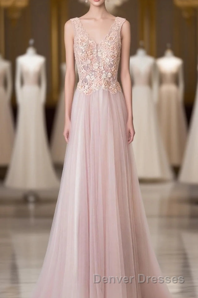 Pink V Neck Lace Long Prom Dress, Cheap Evening Dress Main image