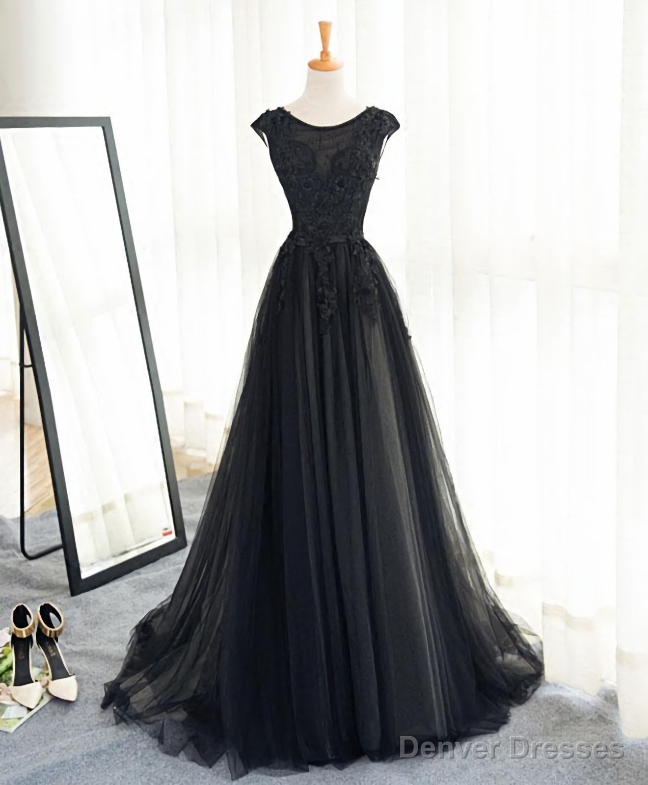 Black A Line Tulle Lace Long Prom Dress, Evening Dress Main image