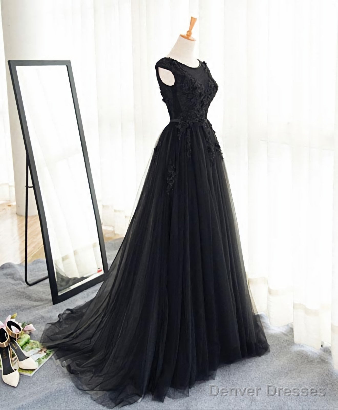 Black A Line Tulle Lace Long Prom Dress, Evening Dress Secondary image