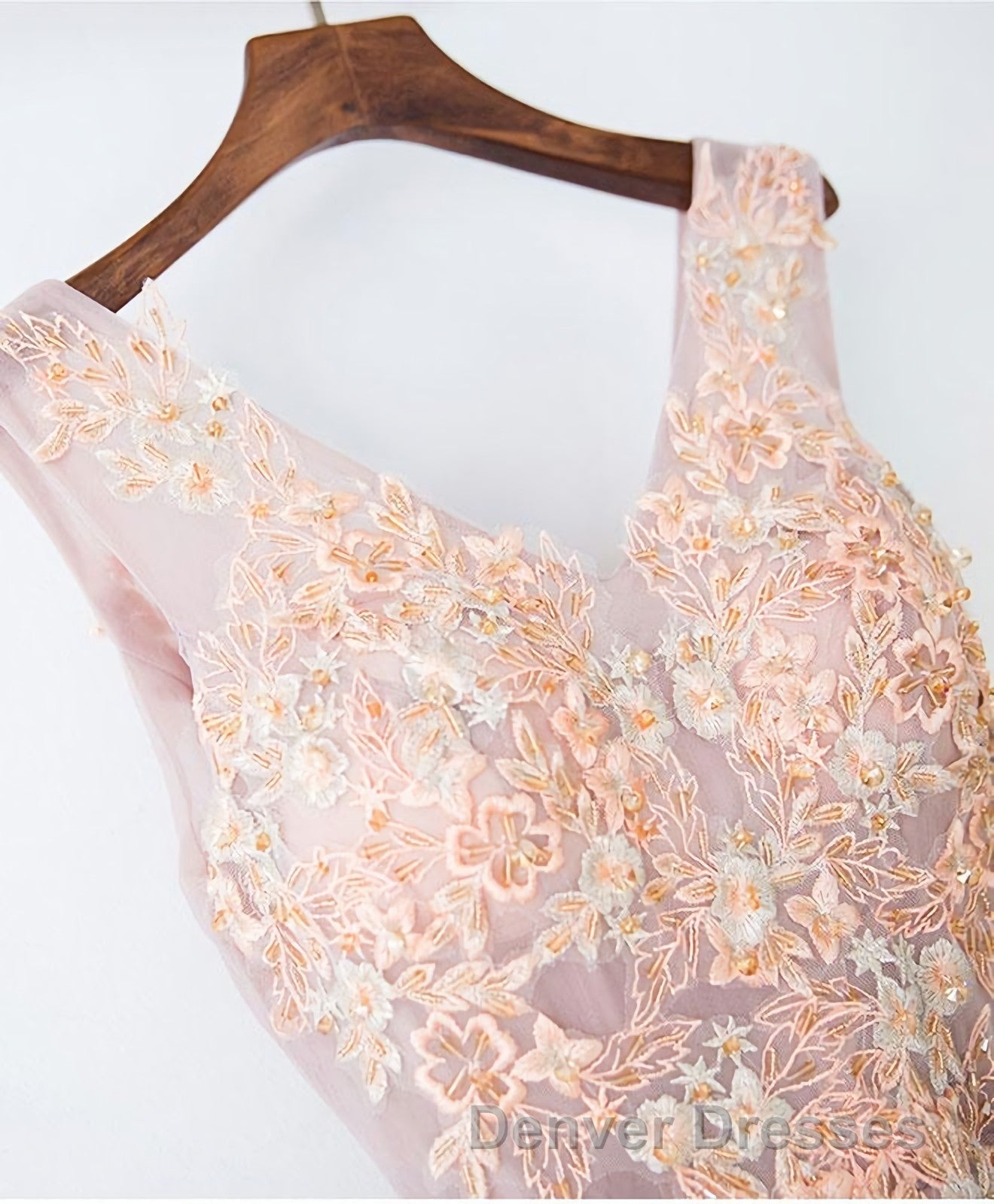 Pink V Neck Lace Long Prom Dress, Cheap Evening Dress Secondary image