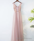 Pink V Neck Lace Long Prom Dress, Cheap Evening Dress