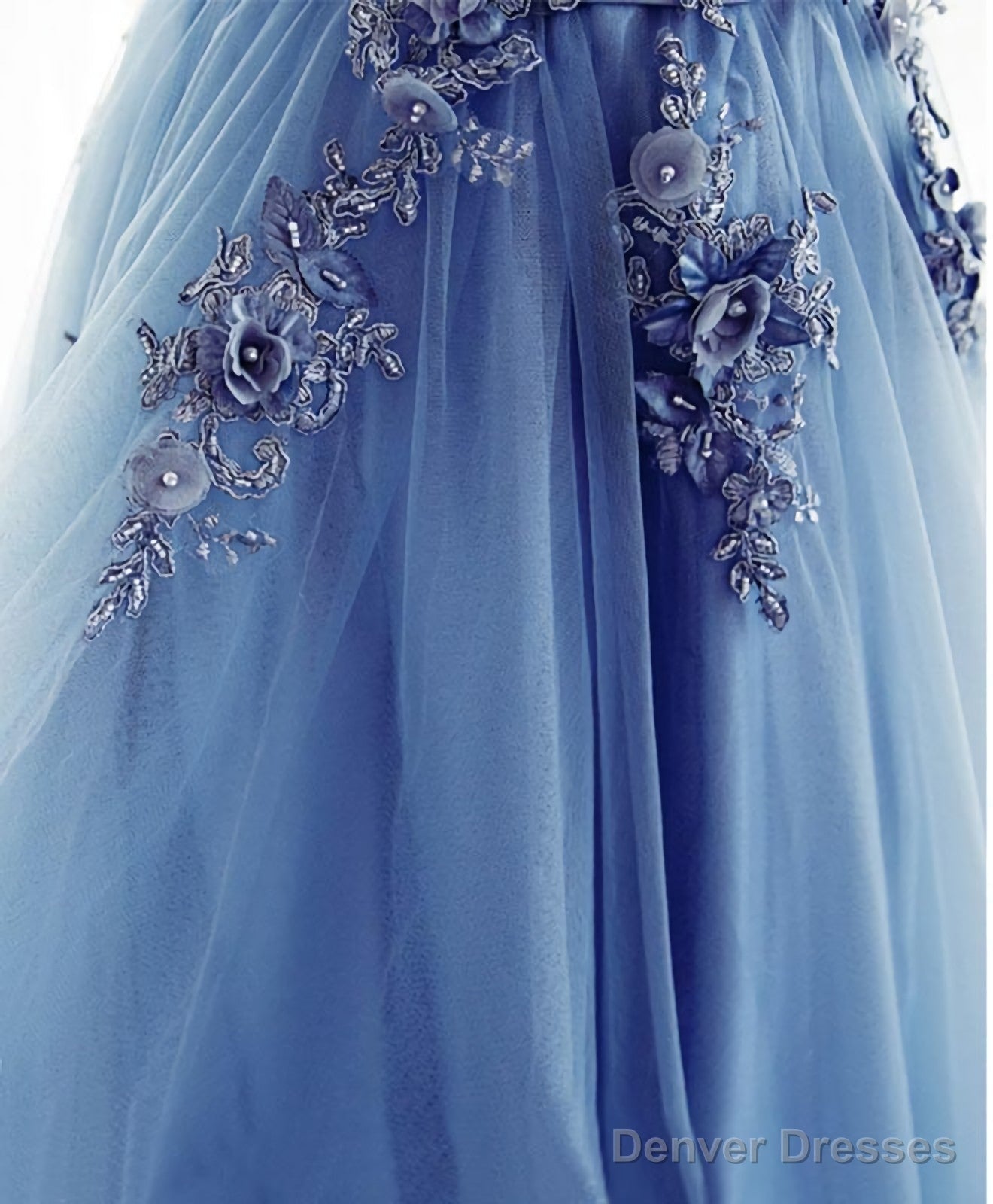 Blue A Line Tulle Lace Long Prom Dress, Evening Dress