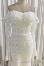Ivory Mermaid Sequined Prom Dress with Long Sleeves, Sparkly Long Party Dress