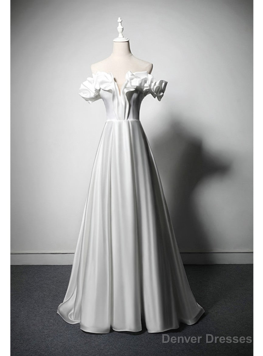 Queenly White Satin Off the Shoulder Wedding Dress Main image