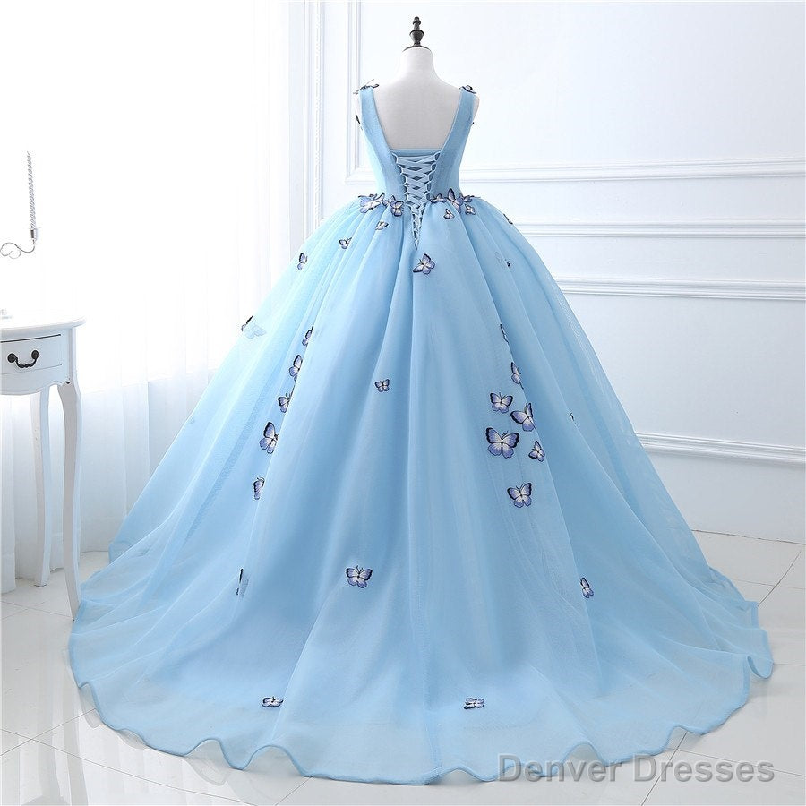 Quinceanera Dress Blue Butterfly Flowers Lace Up Ball Gowns Long Prom Dresses Secondary image