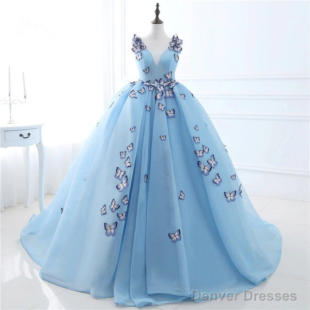 Quinceanera Dress Blue Butterfly Flowers Lace Up Ball Gowns Long Prom Dresses