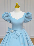 Quinceanera Dress Blue Satin Puff Sleeves Long Prom Gown Blue Long Sweet Dress