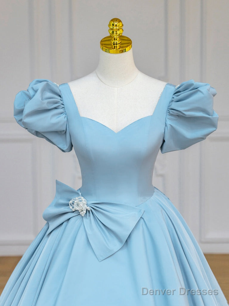 Quinceanera Dress Blue Satin Puff Sleeves Long Prom Gown Blue Long Sweet Dress Secondary image