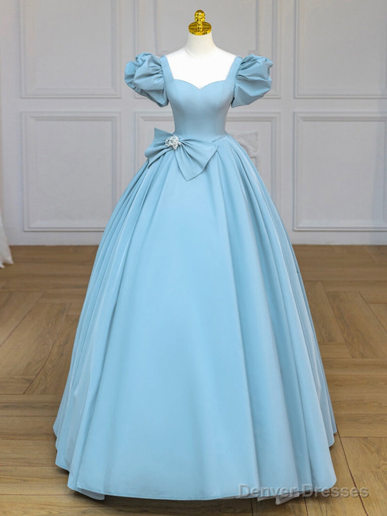 Quinceanera Dress Blue Satin Puff Sleeves Long Prom Gown Blue Long Sweet Dress Main image