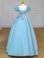 Quinceanera Dress Blue Satin Puff Sleeves Long Prom Gown Blue Long Sweet Dress