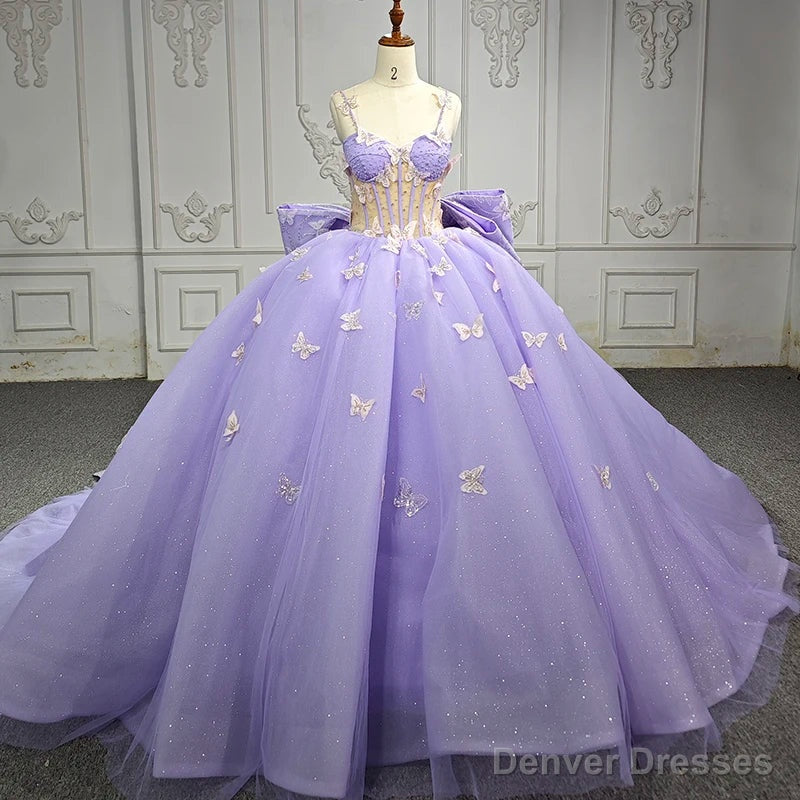Quinceanera Dress Exquisite Spaghetti Straps Quinceanera Dresses Sleeveless Ball Gown with Butterfly Appliques and Bowknot