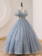 Quinceanera Dress V Neck Tulle Sequin Gray Blue Long Prom Dress Gray Blue Formal Sweet Dress