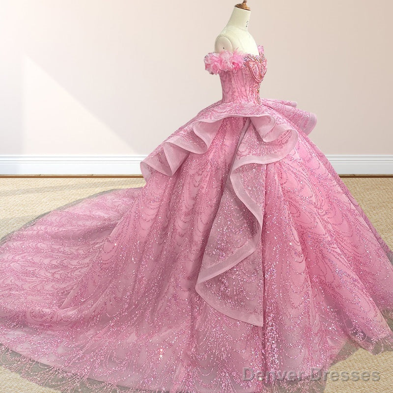 Quinceanera Dress With Sequins Off the Shoulder Chapel Train