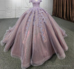 Quinceanera Purple  Off-the-Shoulder Ball Gown Flower Dress