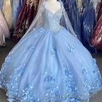 3D Flowers Tulle Sweetheart Ball Gown Quinceanera Dress Purple With Cape