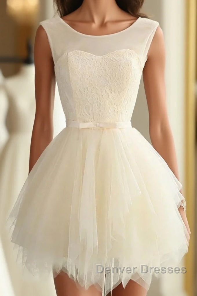 Cute A Line Tulle Round Neck Mini Prom Dress, Cheap Evening Dress Main image