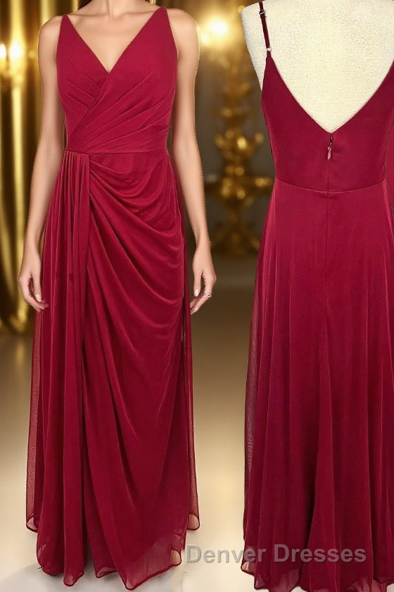 Wine Red Ruched V Neck Long Bridesmaid Dress Main image